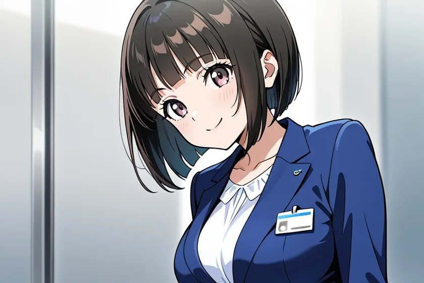 紺のスーツで青いベンチに腰かけ、首をかしげてほほえむ中出汁まなみのイラスト