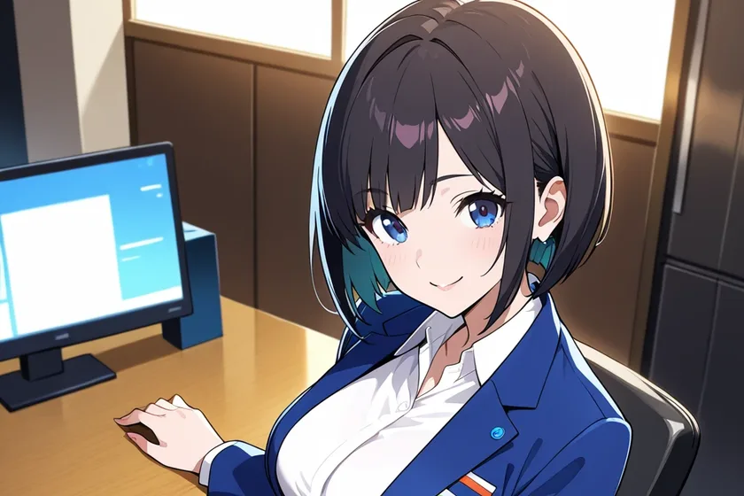 青いスーツでいすに座り、こちらを見あげてほほえむ中出汁まなみのイラスト