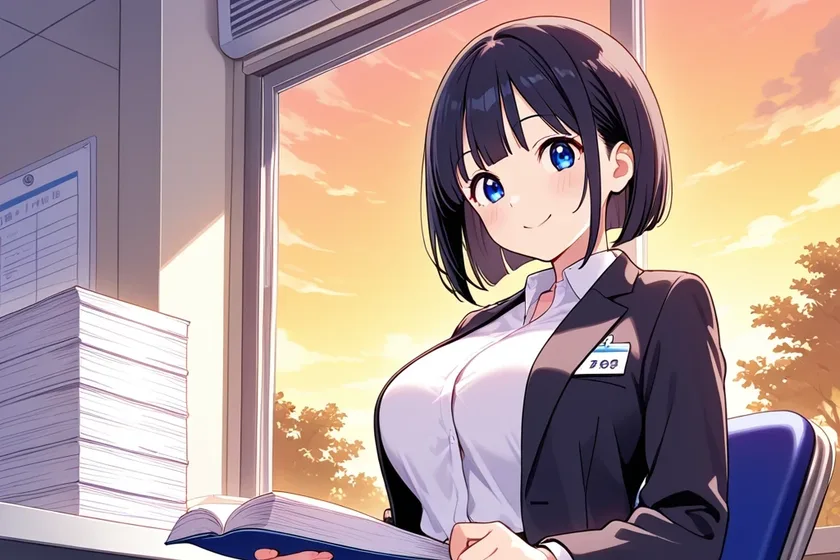 黒いスーツで、夕焼けの窓辺に座って本を開く中出汁まなみのイラスト