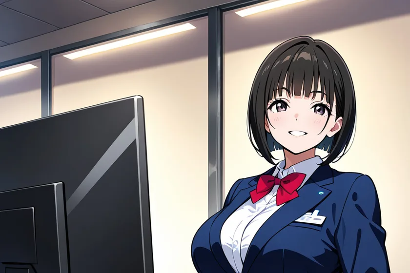 赤いリボンタイのスーツで、モニターの横からほほえむ中出汁まなみのイラスト