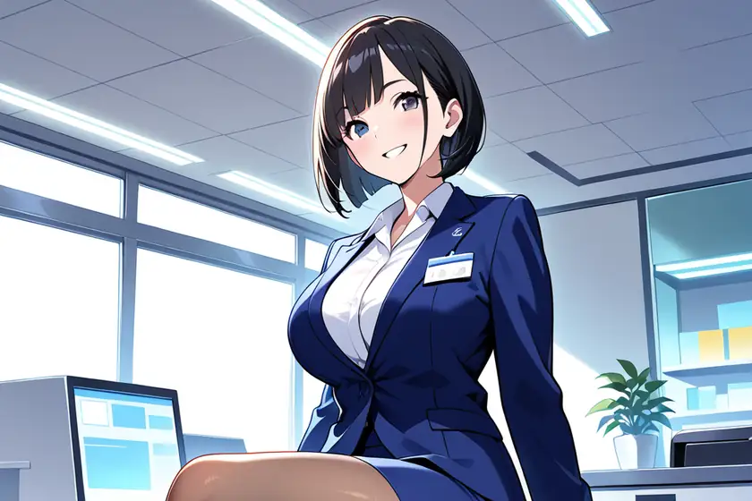 デスクに向かって、こちらにほほえむ中出汁まなみのイラスト