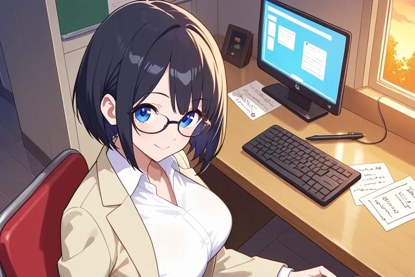 メガネ姿で、夕方のデスクのいすからこちらを見あげる中出汁まなみのイラスト