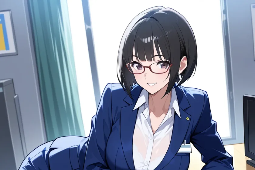 メガネ姿で机に手をつき、笑顔を見せる中出汁まなみのイラスト