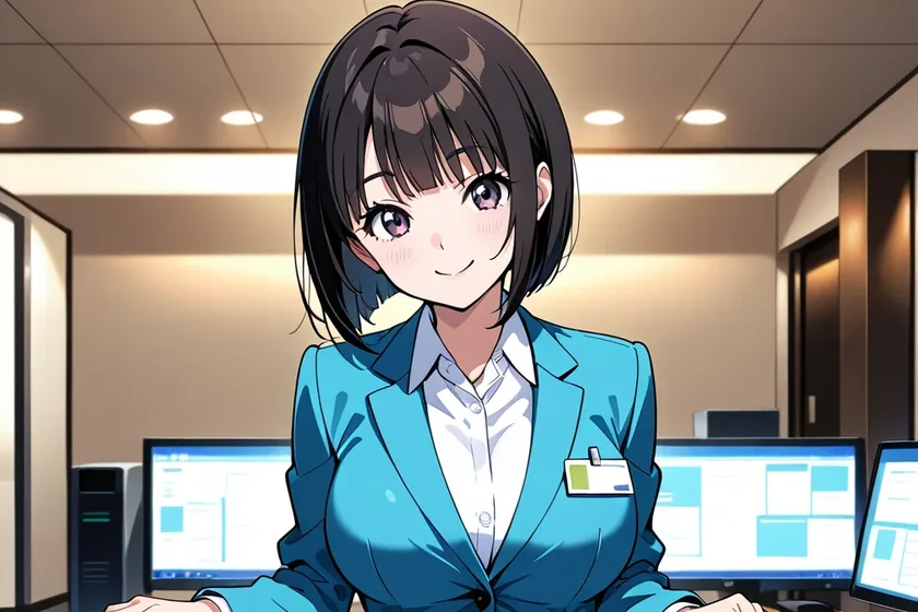 水色のスーツで、デスクに手をついて首をかしげる中出汁まなみのイラスト