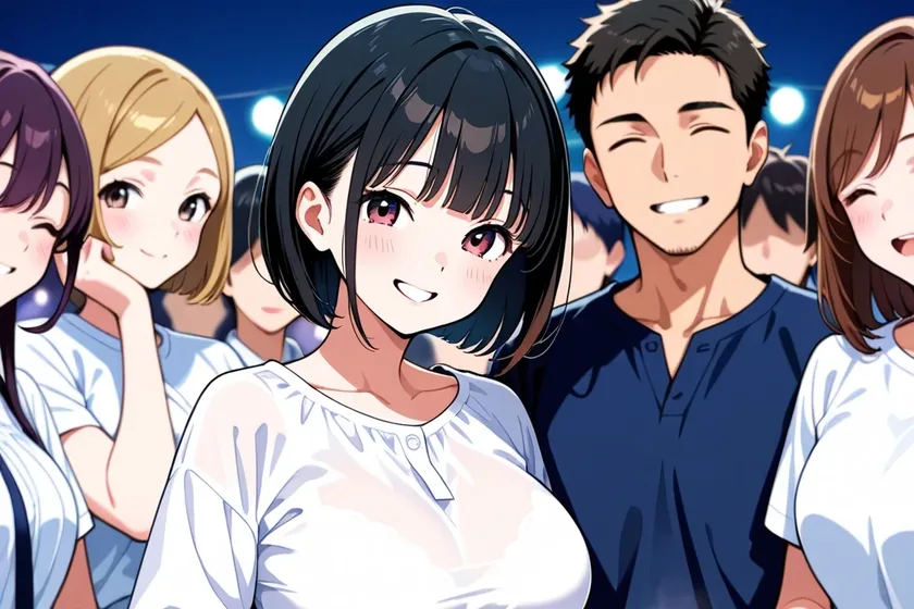 夜のバーベキューで、みんなにかこまれて笑う中出汁まなみのイラスト