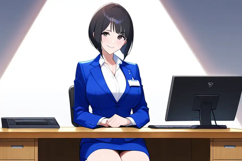 会社の受付カウンターで、こちらにほほえむ中出汁まなみのイラスト