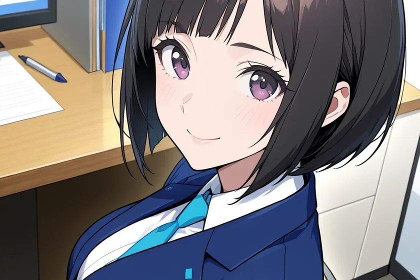 水色のネクタイのスーツで、ふり向いてほほえむ中出汁まなみのイラスト