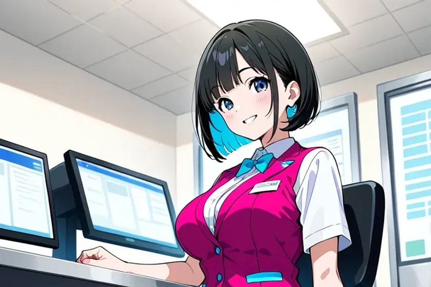 ピンクのベスト姿で、受付からほほえむ中出汁まなみのイラスト