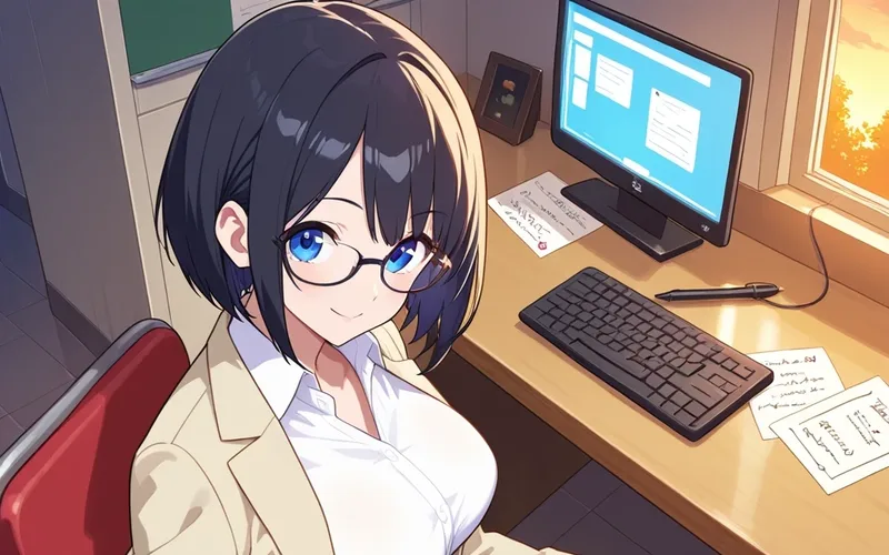 メガネ姿で、ベージュのジャケットでいすに座り、こちらを見あげる中出汁まなみのイラスト