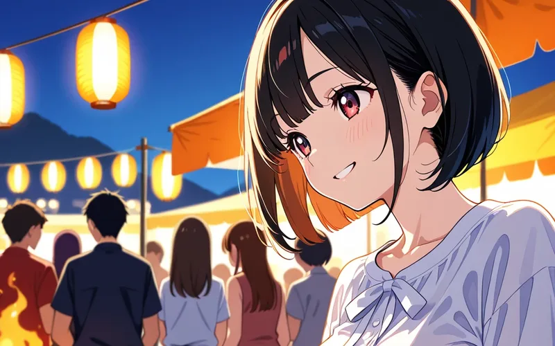 ちょうちんの下のお祭りで、鉄板のお肉を焼く中出汁まなみのイラスト