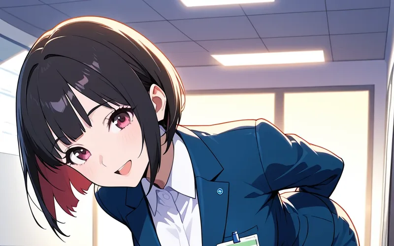 紺のスーツで、こちらに身をのり出す中出汁まなみのイラスト