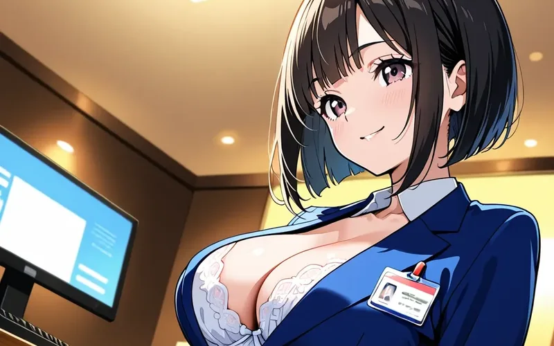紺のスーツの前を開け、白いレースのランジェリーをのぞかせてほほえむ中出汁まなみのイラスト