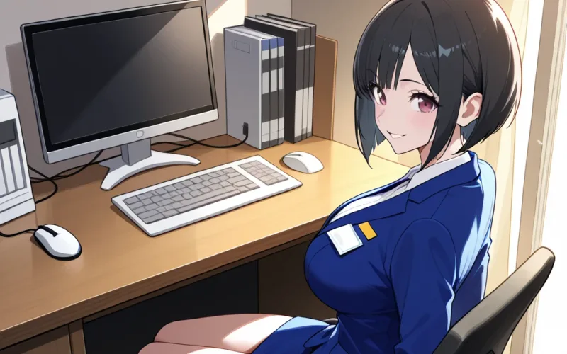 いすに座って、こちらをふり返ってほほえむ中出汁まなみのイラスト
