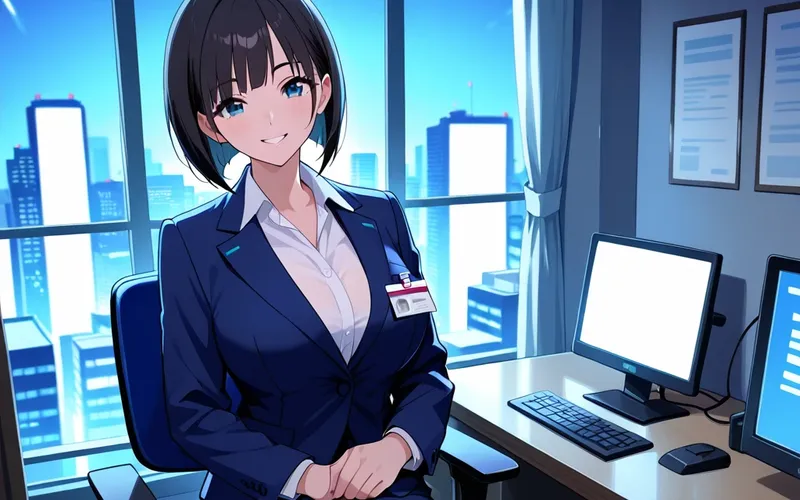 夜のオフィスでほほえむ中出汁まなみのイラスト