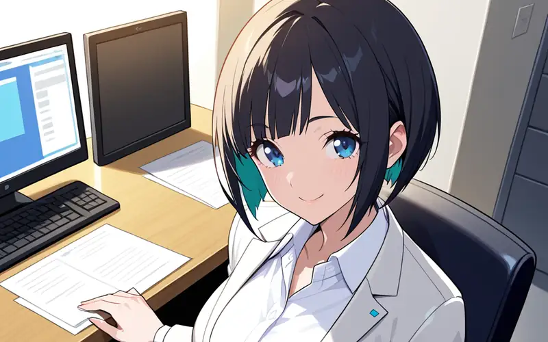 書類を手にほほえむ中出汁まなみのイラスト