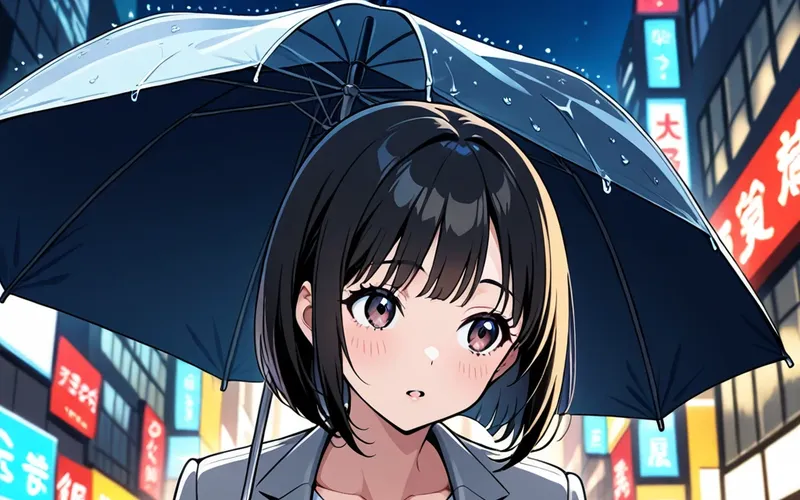 夜の街で傘をさし、こちらを見る中出汁まなみのイラスト
