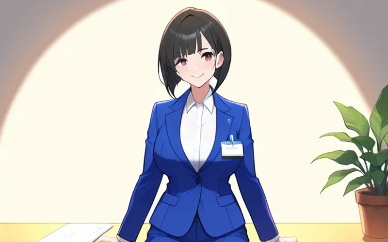 スポットライトの中で、青いスーツで立つ中出汁まなみのイラスト