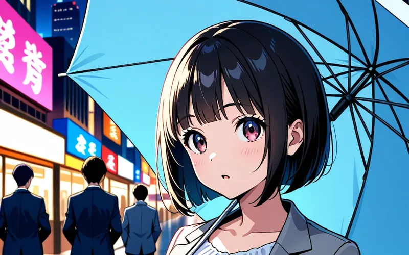 夜の街で水色の傘をさし、こちらを見る中出汁まなみのイラスト