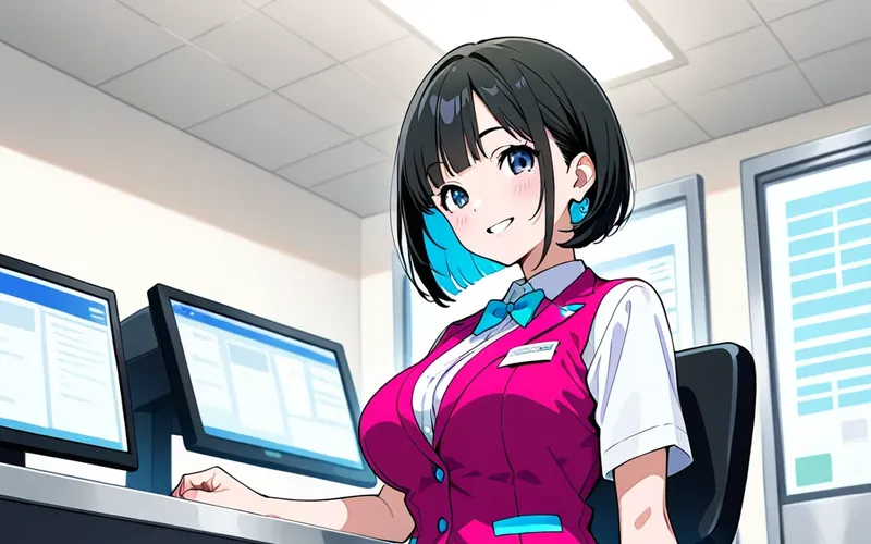 ピンクのベスト姿で、モニターの前でほほえむ中出汁まなみのイラスト